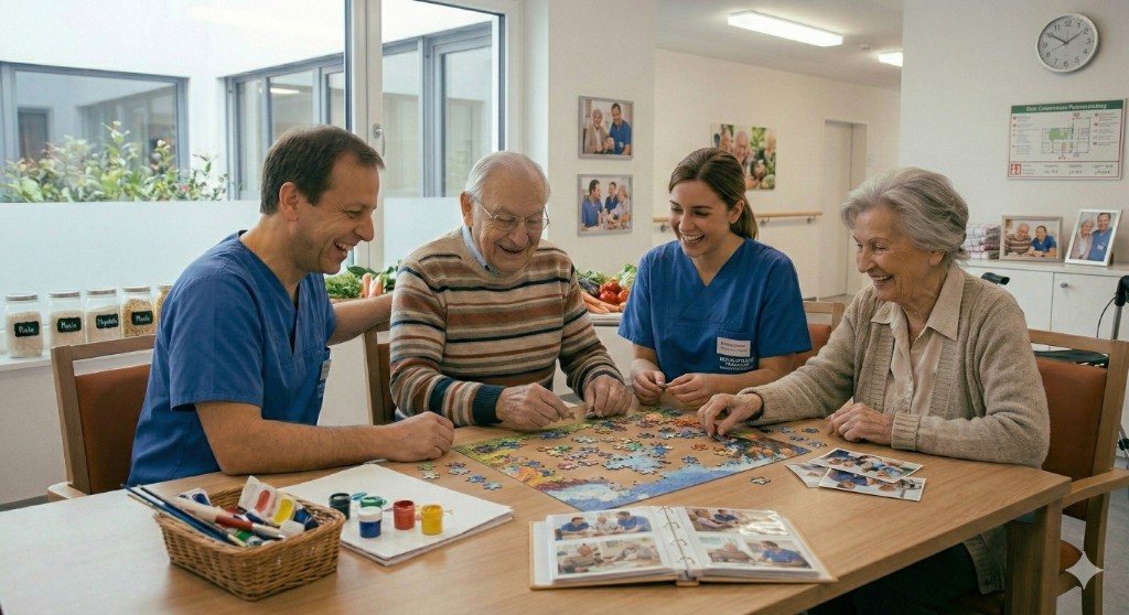 Ambulante Pflege – vertrautes Gespräch zwischen Pflegekraft und Seniorin